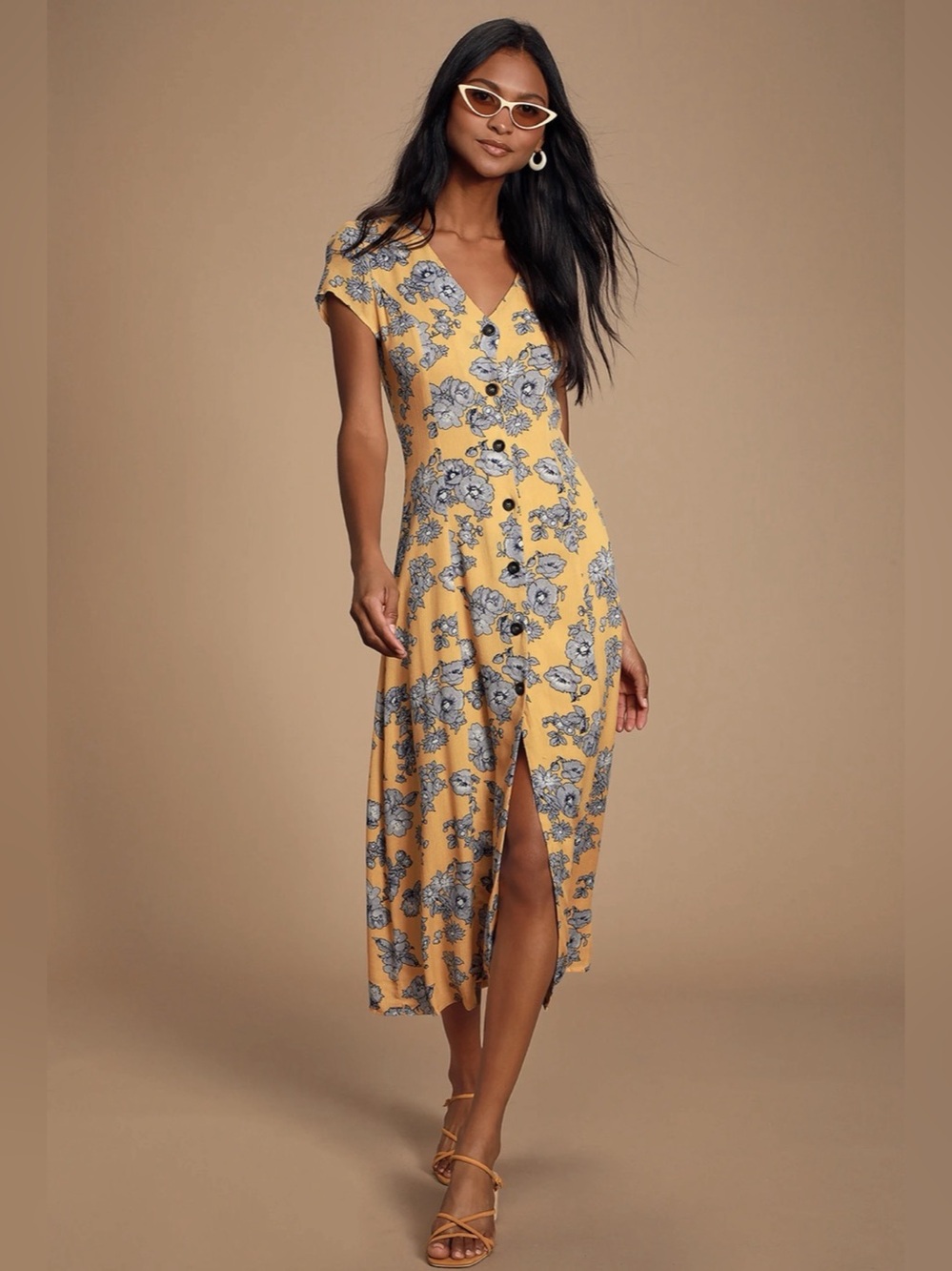 Lulus Lucinda Yellow Floral Print Button Front Midi Dress